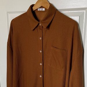 Comfy Waffle Knit Button-Up Shirt - Terracotta